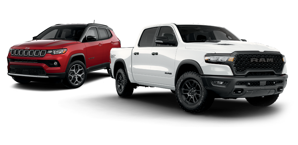 2025 Red Jeep Compass and 2025 White Ram 1500