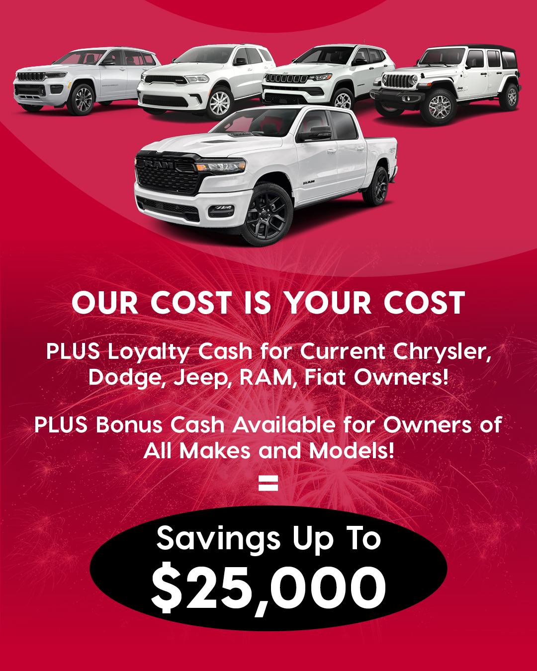 Employee Pricing event banner on red background with fireworks. Highlights savings up to $25,000 for current Chrysler, Dodge, Jeep, RAM, and Fiat owners, with bonus cash for all makes. Features a lineup of five white vehicles including a RAM truck.