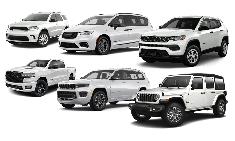 Lineup of six white vehicles from Dodge, Chrysler, Jeep, and Ram brands, including SUVs, a minivan, a pickup truck, and an off-road Jeep Wrangler, all displayed on a white background.