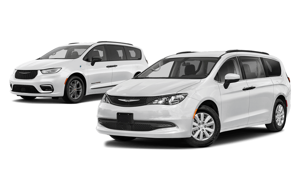 Two white Chrysler minivans, one in the foreground and one in the background, displayed on a plain white background.