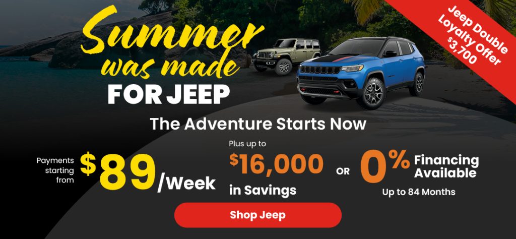 Summer Jeep sale banner showing two Jeep models, starting at $89/week, up to $16,000 savings or 0% financing for 84 months.